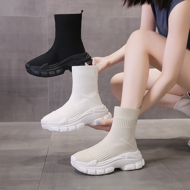 Embroidery Canvas - Sock boots women's summer new black