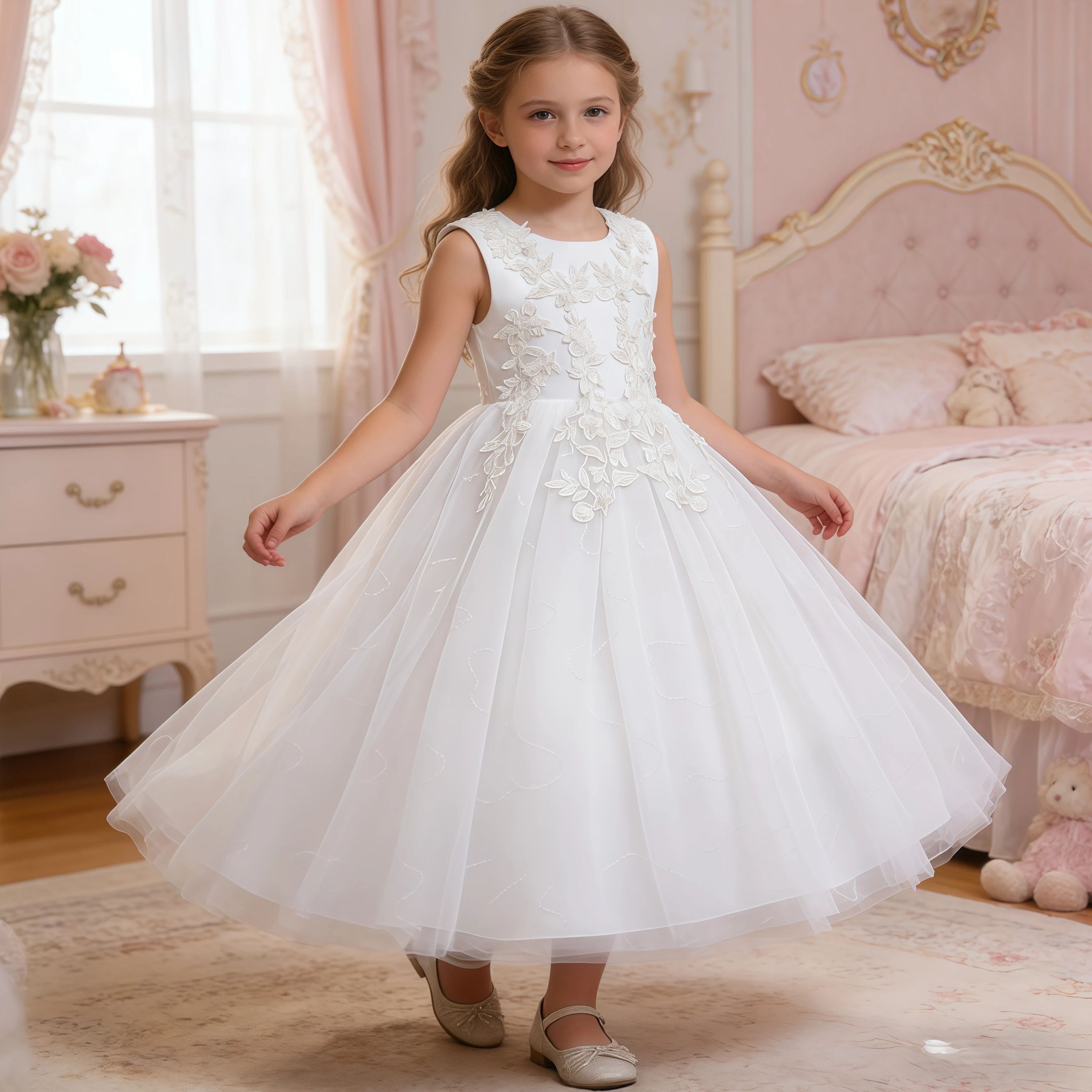 Embroidery White Dress - Teenage Girls Sequins Embroidery Bridesmaid Long