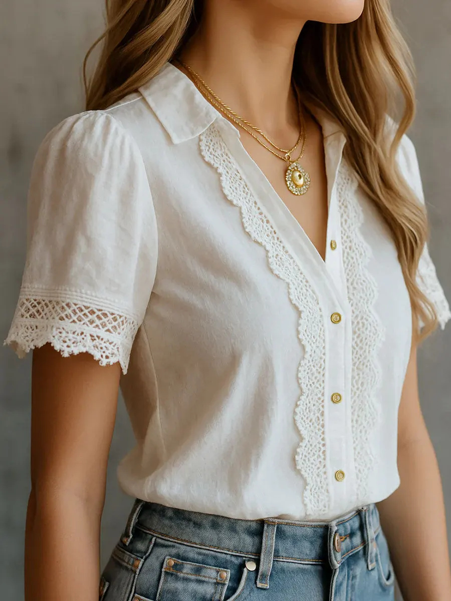 Embroidery Motif - Elegant Women's Shirts Casual Solid Color