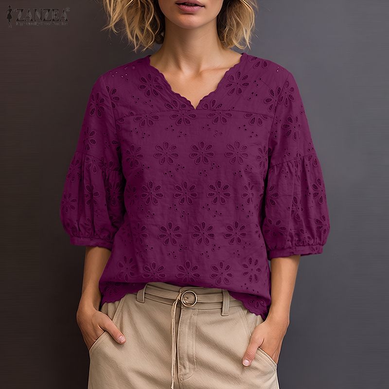 Embroidery Motif - ZANZEA 2026 Eyelet Embroidery Blouses Woman