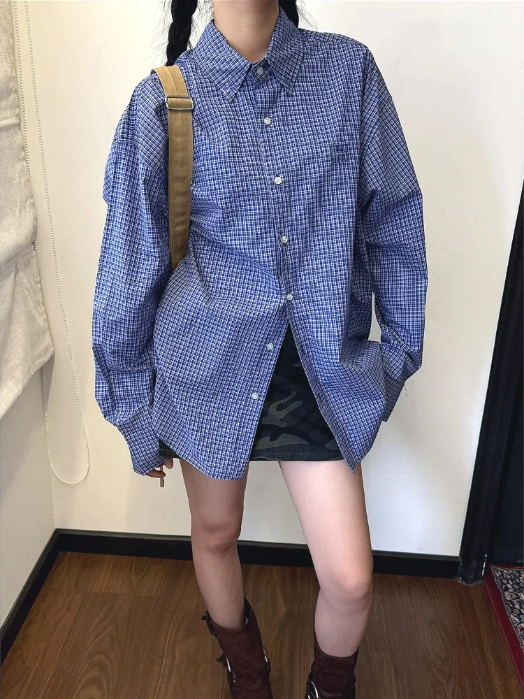 Embroidery Font - Vintage Blue Plaid Shirts for Women