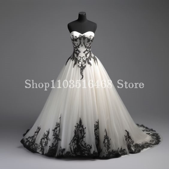 Embroidery White Dress - Black White Gothic Embroidered Wedding Dress