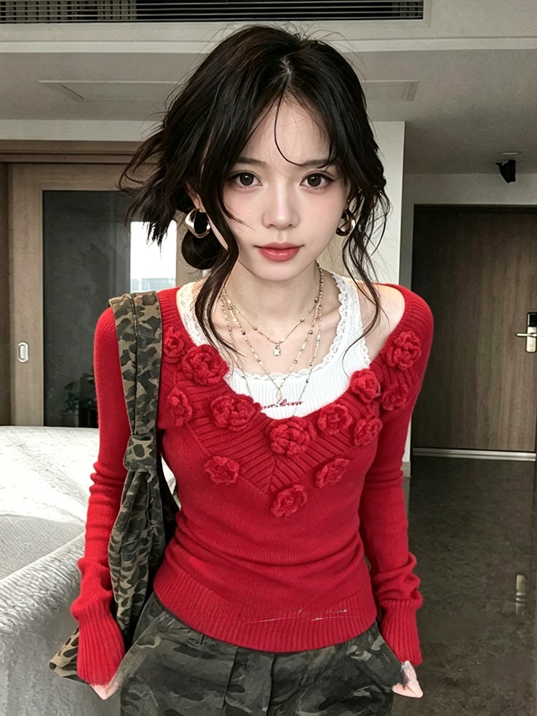 Slimming V-Neck Red Knitted To - Embroidery Design 3D recension och pris