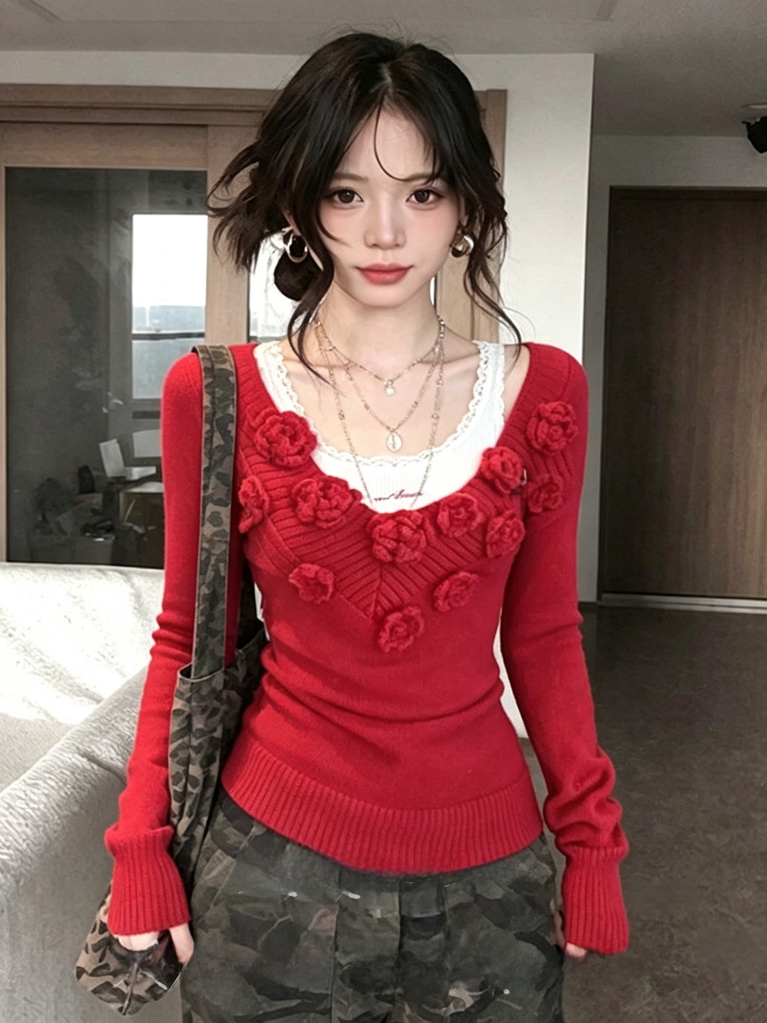 Slimming V-Neck Red Knitted To - Embroidery Design 3D recension och pris