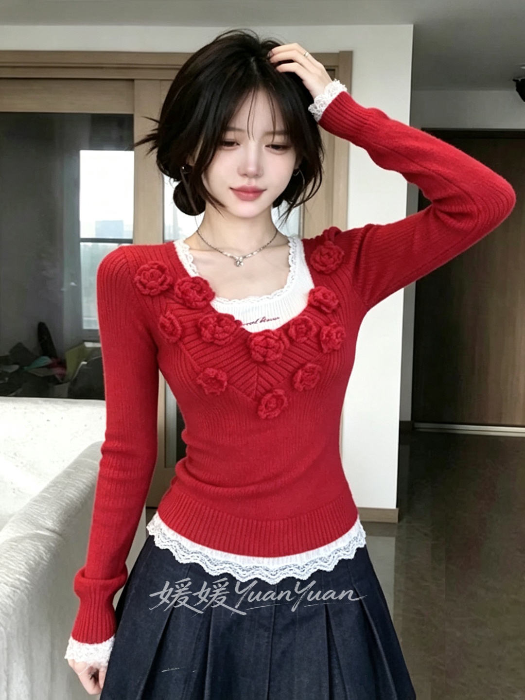 Slimming V-Neck Red Knitted To - Embroidery Design 3D recension och pris