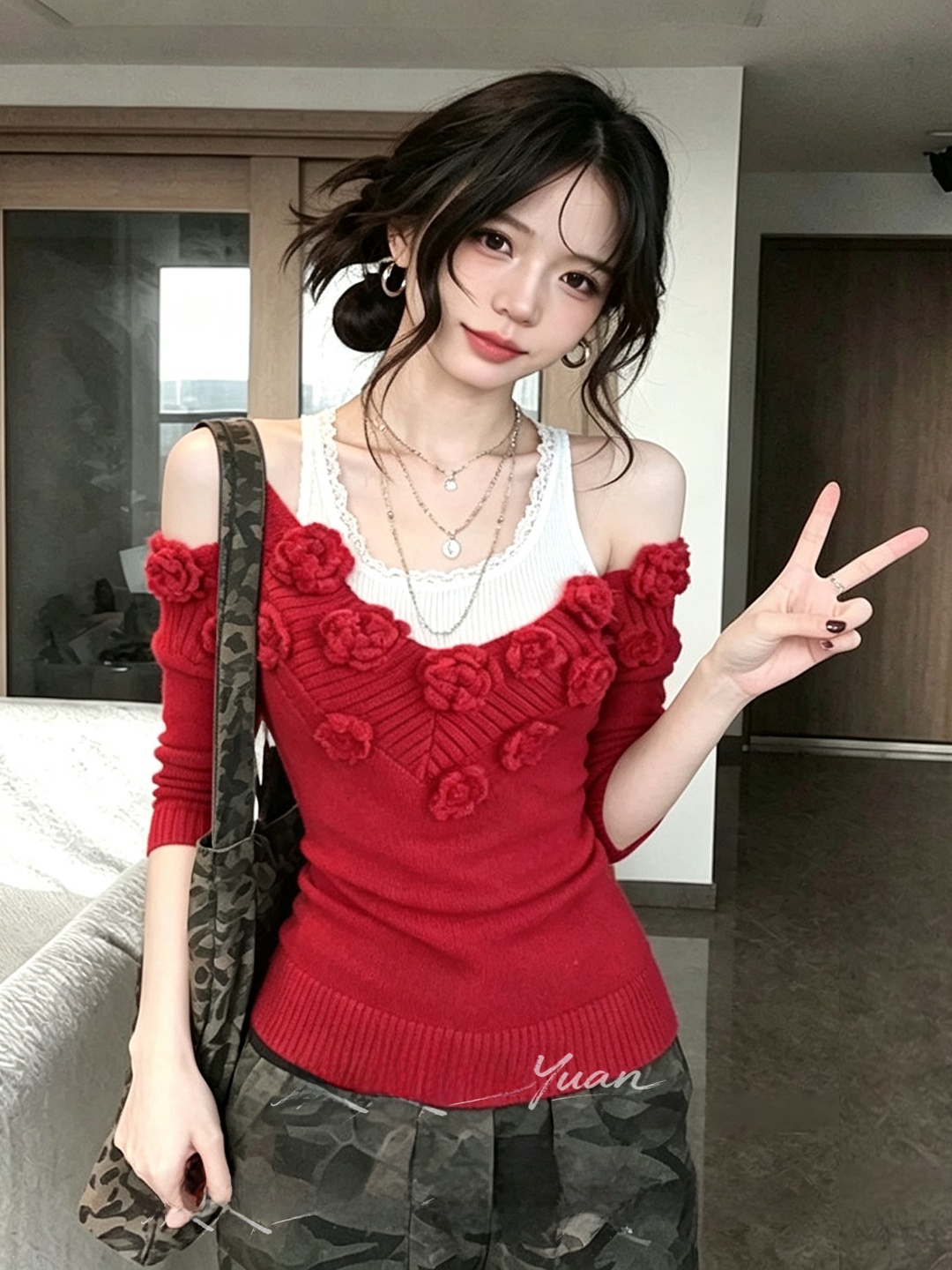 Slimming V-Neck Red Knitted To - Embroidery Design 3D recension och pris
