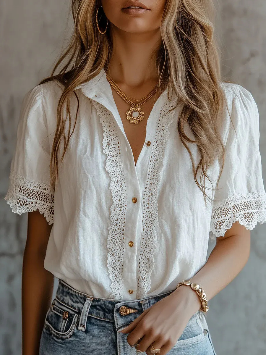 Elegant Women's Shirts Casual  - Embroidery Motif recension och pris